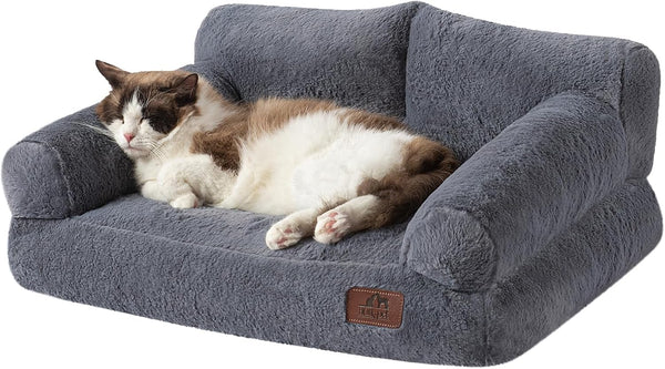 Fluffy Plush Dog Cat Pet Couch Soft Calming Sofa Bed for Medium Small Cats and Dogs, Gray
