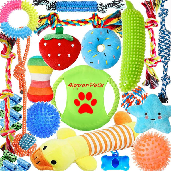 Dog Toys 25 Pack for Fun and Teeth Cleaning, Puppy Chew Toys Pack with Squeak Plush Toy,Squeaky Toy Balls