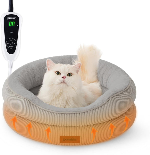 Heated Cat Bed Indoor - Adiustable Temperature Pet Heating Bed with Timer and Chew Resistant Cord