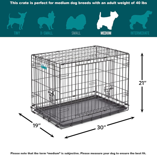 30-Inch Two-Door iCrate Folding Dog Crate with Divider Panel, Leak-Proof Tray & Secure Latches – Metal Wire Kennel for Medium Breeds