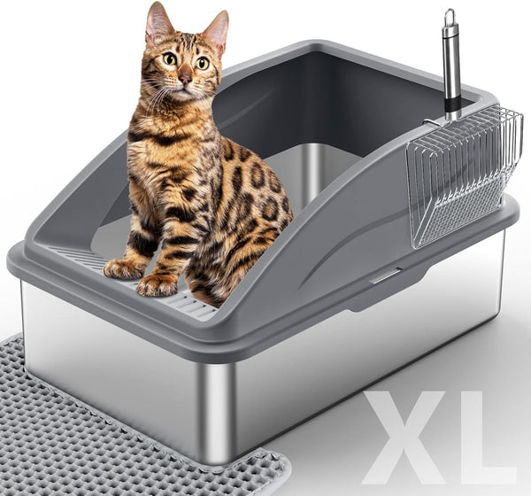Stainless Steel Litter Box, Extra Large Litter Boxes for Big Cats, XL Metal Cat Litter Box with Lid, Anti-Urine Leakage