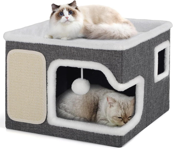 Cat Beds for Indoor Cats, Large Cat Cave with Cozy Hideout, Scratch Pad, Fluffy Ball Hanging