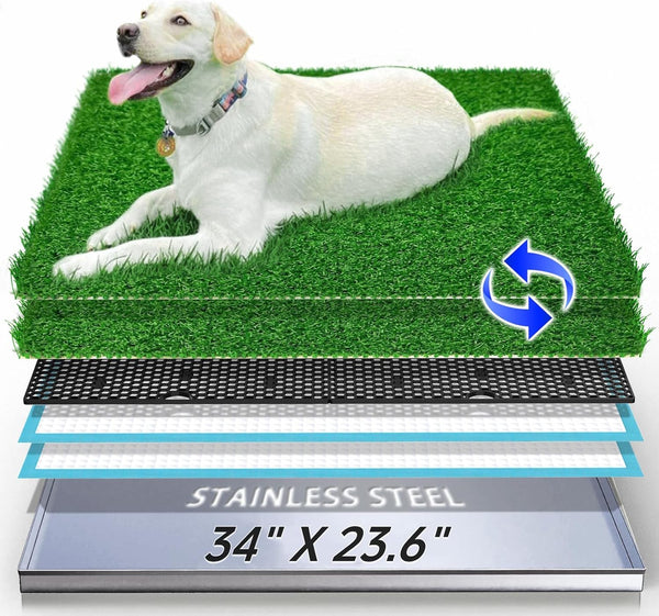 Dog Grass Pad with Tray, Reusable Large Artificial Turf Grass Potty and Puppy Pee Pads for Dogs
